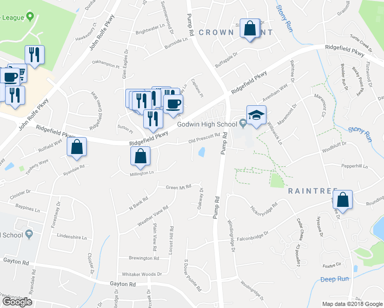 map of restaurants, bars, coffee shops, grocery stores, and more near 2012 Old Prescott Court in Henrico