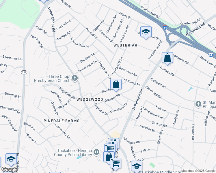 map of restaurants, bars, coffee shops, grocery stores, and more near 8900 Pinyon Road in Richmond