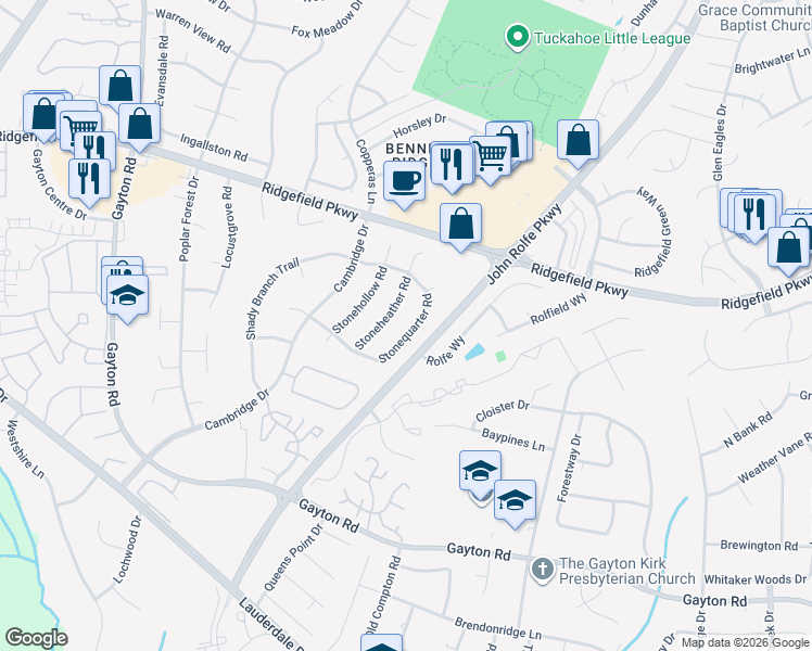map of restaurants, bars, coffee shops, grocery stores, and more near 2017 Stoneheather Road in Richmond