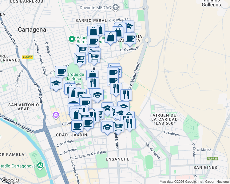 map of restaurants, bars, coffee shops, grocery stores, and more near Calle Prolongación Angel Bruna in Cartagena