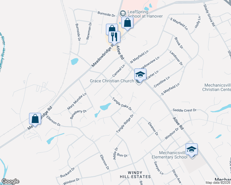 map of restaurants, bars, coffee shops, grocery stores, and more near 8295 Franklin Lane in Mechanicsville