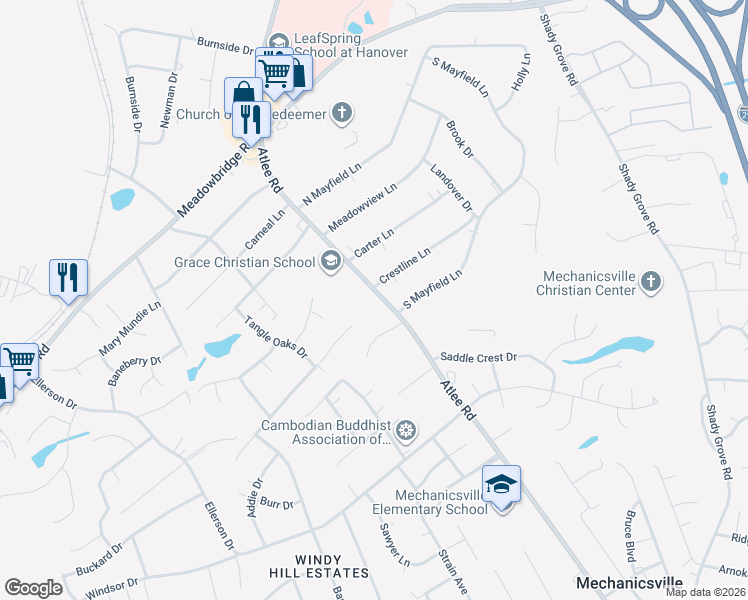 map of restaurants, bars, coffee shops, grocery stores, and more near 8057 Atlee Road in Mechanicsville