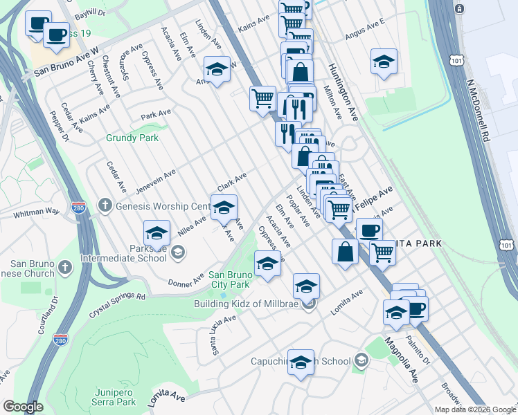 map of restaurants, bars, coffee shops, grocery stores, and more near 307 Acacia Avenue in San Bruno