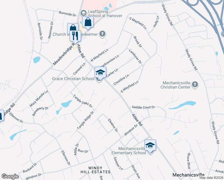 map of restaurants, bars, coffee shops, grocery stores, and more near 8057 Atlee Road in Mechanicsville