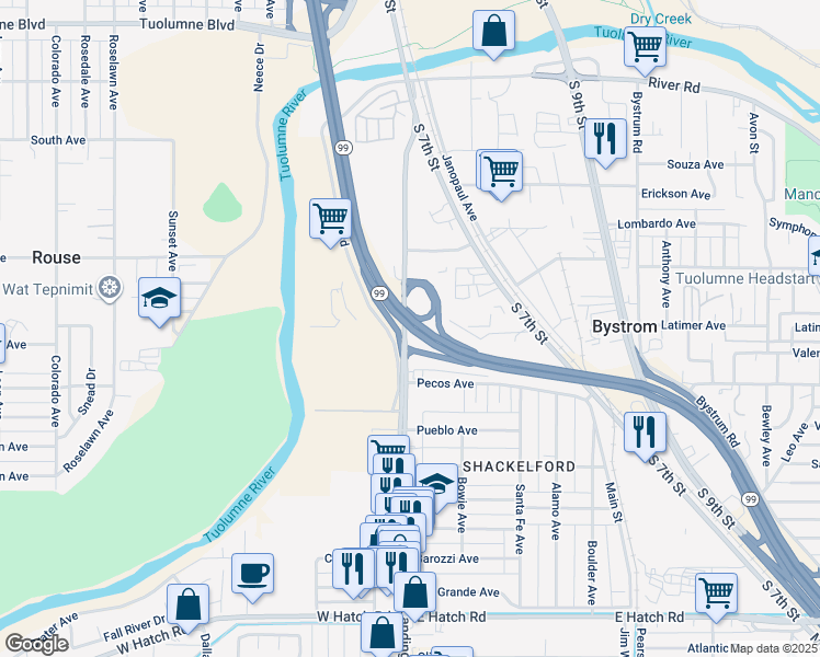 map of restaurants, bars, coffee shops, grocery stores, and more near in Modesto