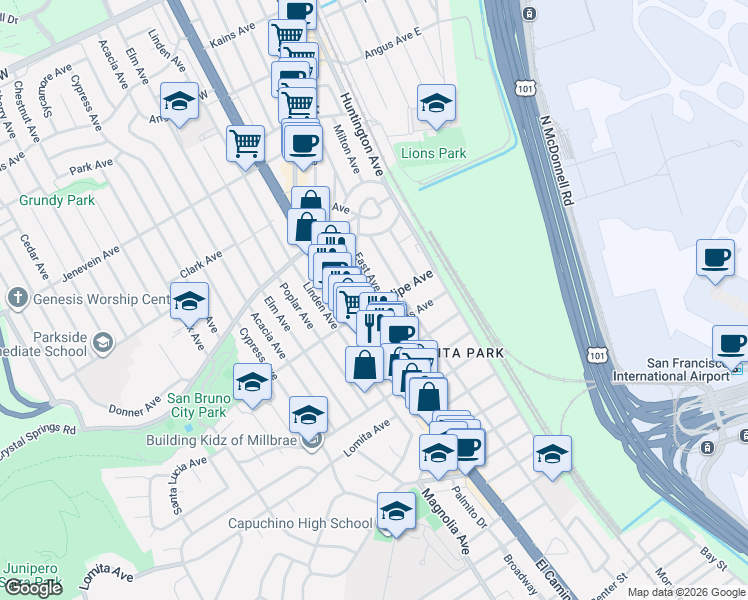 map of restaurants, bars, coffee shops, grocery stores, and more near 203 East Avenue in San Bruno