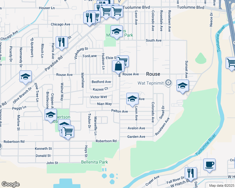 map of restaurants, bars, coffee shops, grocery stores, and more near 808 Clementa Way in Modesto