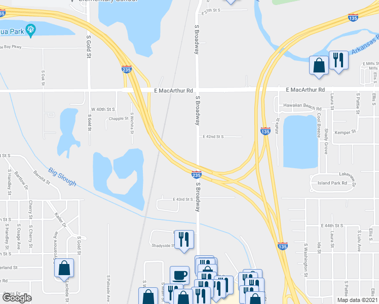 map of restaurants, bars, coffee shops, grocery stores, and more near 4209 South Broadway in Wichita