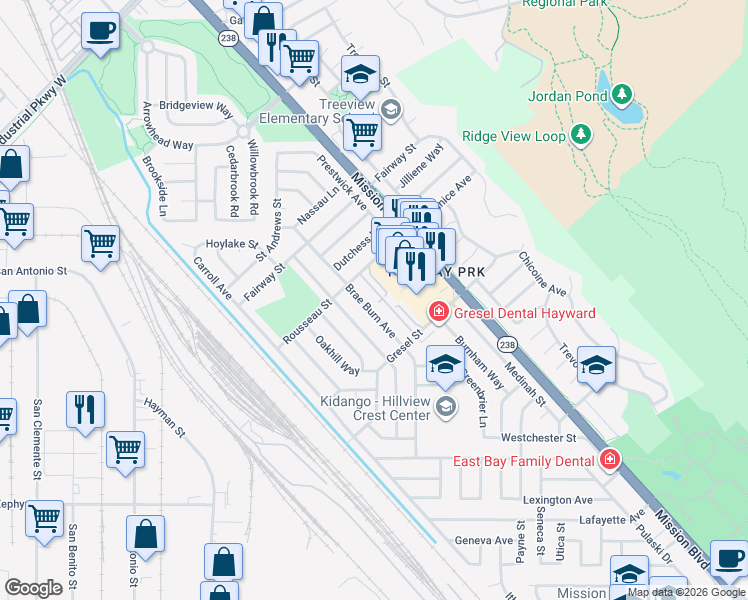 map of restaurants, bars, coffee shops, grocery stores, and more near 31108 Brae Burn Avenue in Hayward