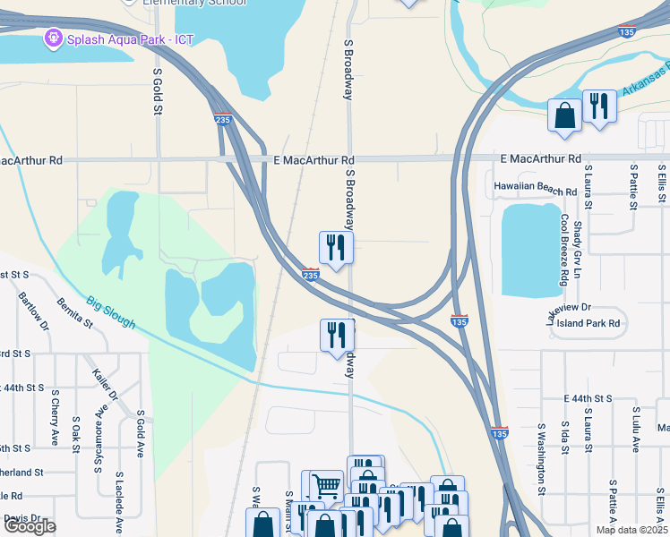 map of restaurants, bars, coffee shops, grocery stores, and more near 4209 South Broadway in Wichita