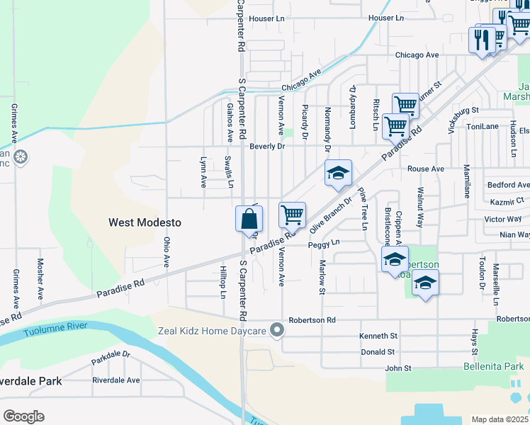 map of restaurants, bars, coffee shops, grocery stores, and more near 1616 Victoria Drive in Modesto