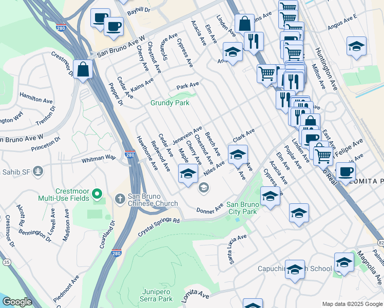 map of restaurants, bars, coffee shops, grocery stores, and more near 467 Cherry Avenue in San Bruno