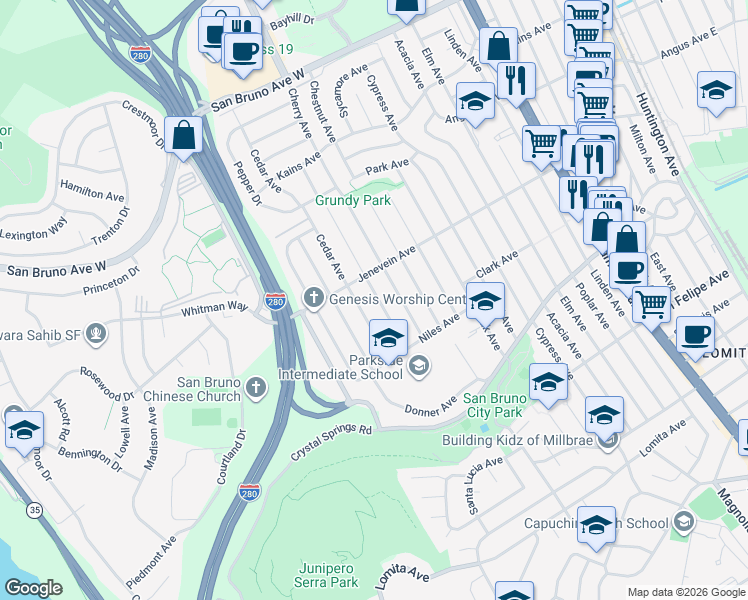 map of restaurants, bars, coffee shops, grocery stores, and more near 484 Cedar Avenue in San Bruno