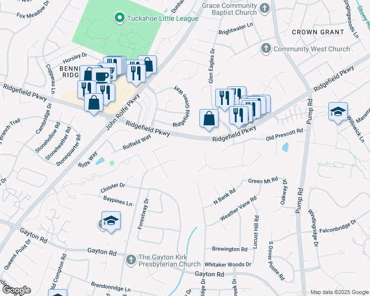 map of restaurants, bars, coffee shops, grocery stores, and more near 1814 Ryandale Road in Richmond