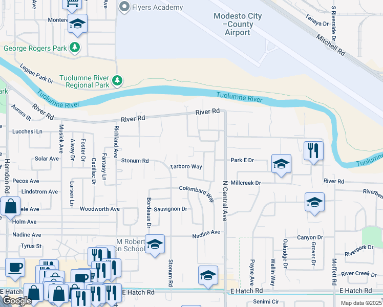 map of restaurants, bars, coffee shops, grocery stores, and more near 857 Morales Court in Modesto
