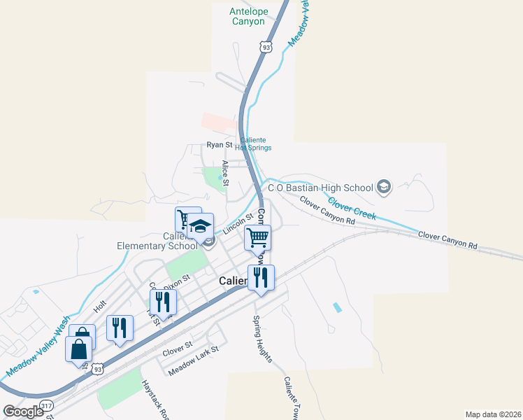 map of restaurants, bars, coffee shops, grocery stores, and more near 2 Lincoln Street in Caliente