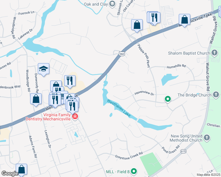 map of restaurants, bars, coffee shops, grocery stores, and more near 8079 Lake Haven Drive in Mechanicsville