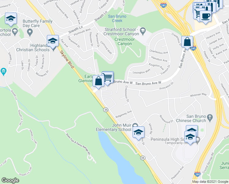 map of restaurants, bars, coffee shops, grocery stores, and more near 171 Alpine Way in San Bruno