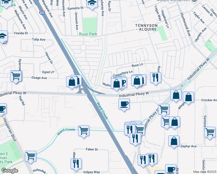 map of restaurants, bars, coffee shops, grocery stores, and more near 1844 Welford Lane in Hayward