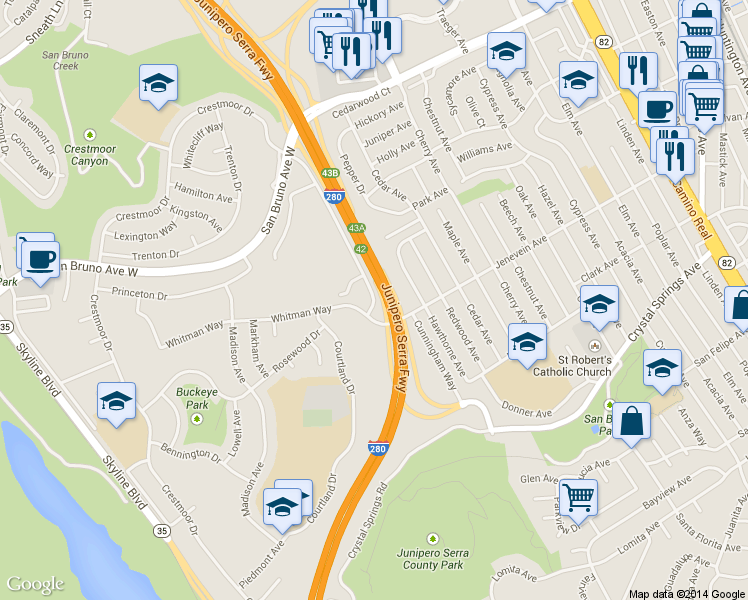 map of restaurants, bars, coffee shops, grocery stores, and more near 2140 Shelter Creek Ln in San Bruno