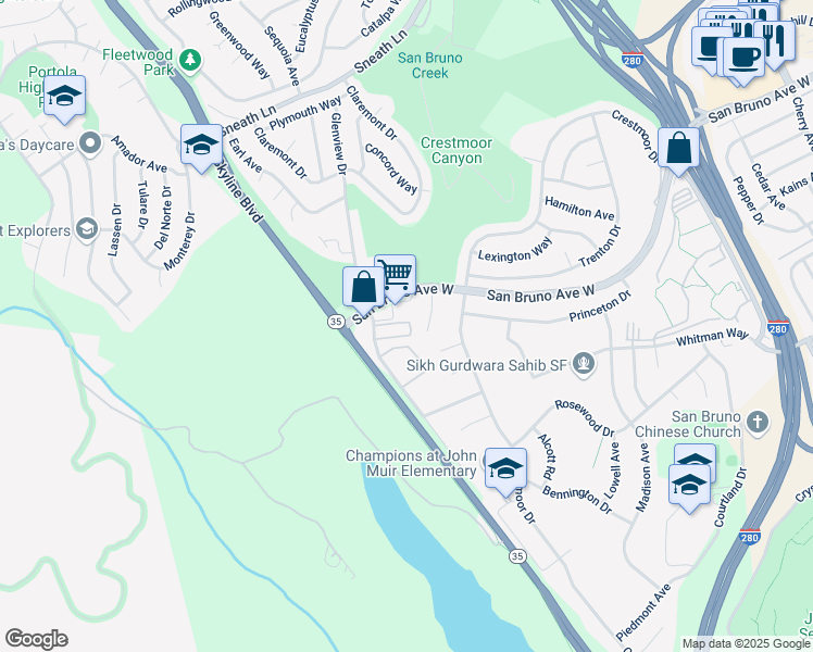 map of restaurants, bars, coffee shops, grocery stores, and more near 171 Alpine Way in San Bruno