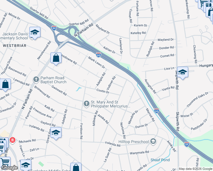 map of restaurants, bars, coffee shops, grocery stores, and more near 2404 Vollmer Road in Richmond