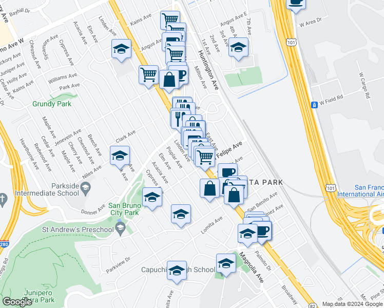 map of restaurants, bars, coffee shops, grocery stores, and more near 223 El Camino Real in San Bruno