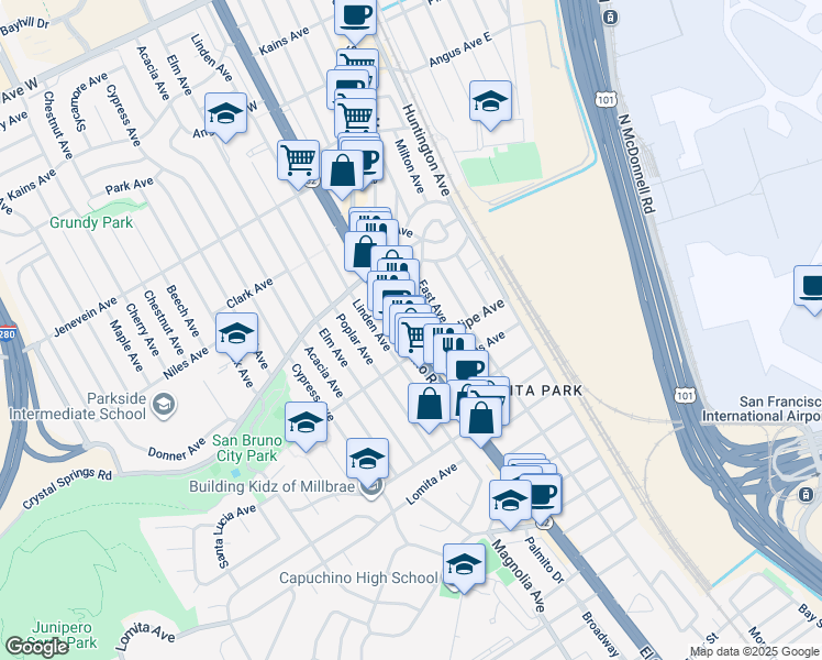 map of restaurants, bars, coffee shops, grocery stores, and more near 236 California 82 in San Bruno