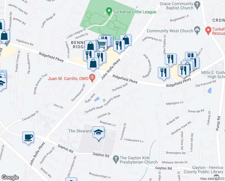 map of restaurants, bars, coffee shops, grocery stores, and more near 10801 Virginia Way Court in Henrico