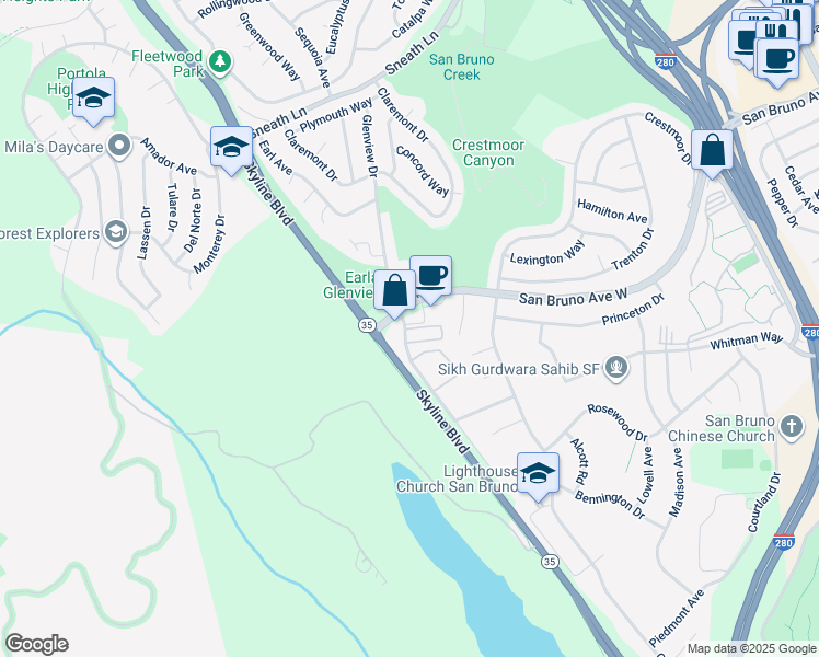 map of restaurants, bars, coffee shops, grocery stores, and more near 1225 Skycrest Drive in San Bruno