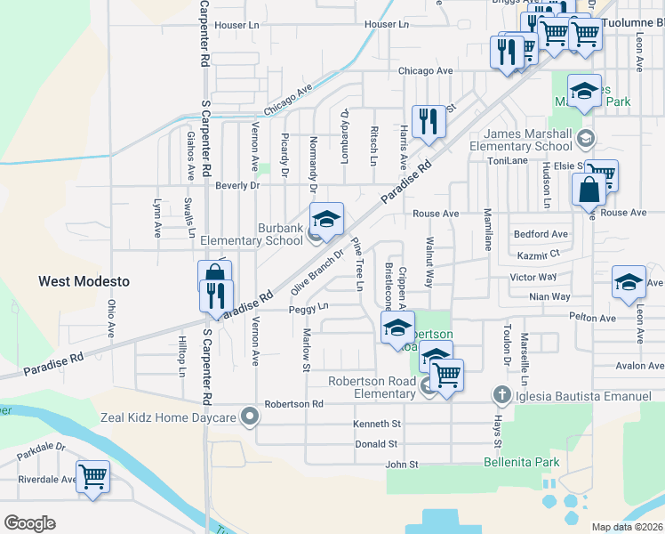 map of restaurants, bars, coffee shops, grocery stores, and more near 2028 Olive Branch Drive in Modesto