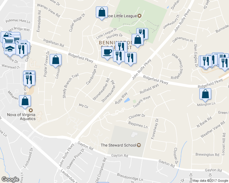 map of restaurants, bars, coffee shops, grocery stores, and more near 1927 Stonequarter Road in Richmond