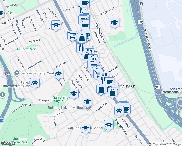map of restaurants, bars, coffee shops, grocery stores, and more near 249 Linden Avenue in San Bruno