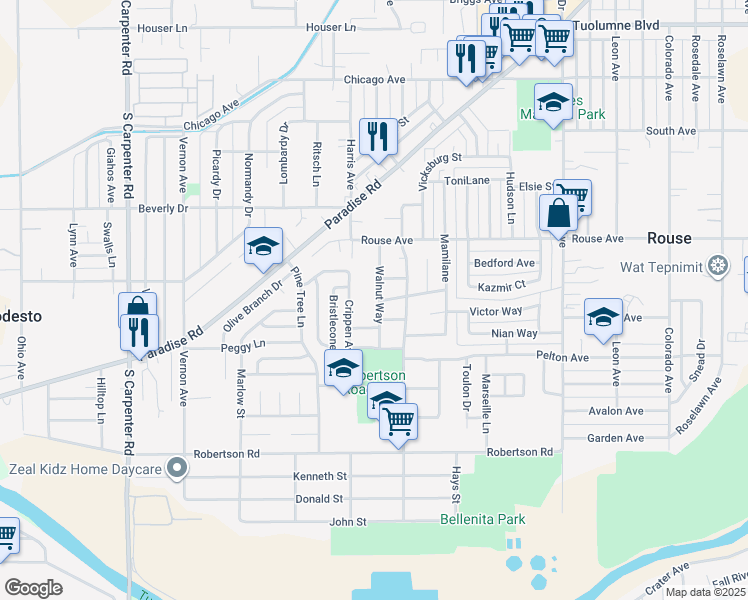 map of restaurants, bars, coffee shops, grocery stores, and more near 761 Walnut Way in Modesto