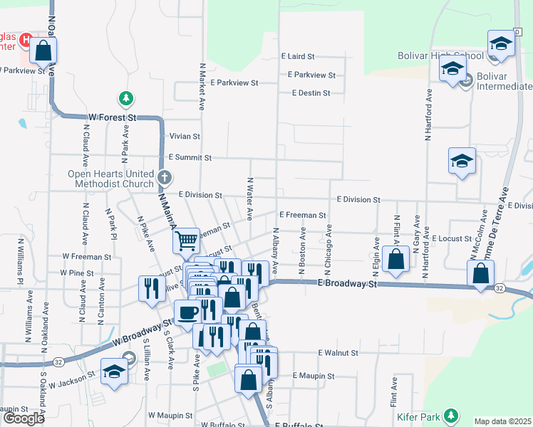 map of restaurants, bars, coffee shops, grocery stores, and more near 558 East Freeman Street in Bolivar
