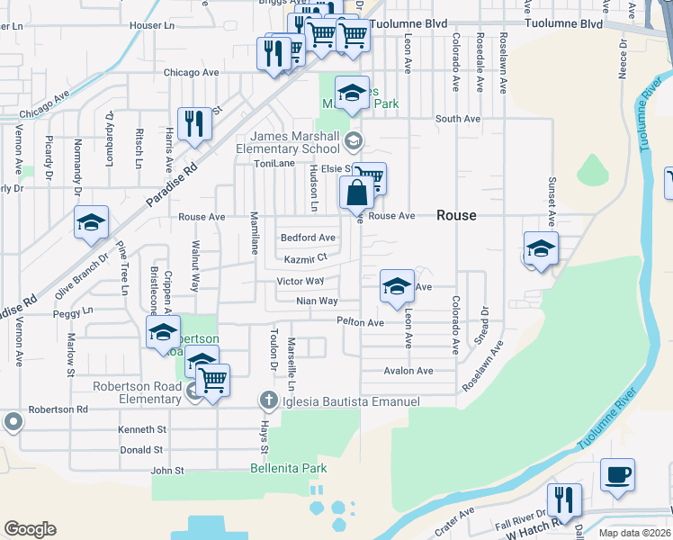 map of restaurants, bars, coffee shops, grocery stores, and more near 1513 Victor Way in Modesto