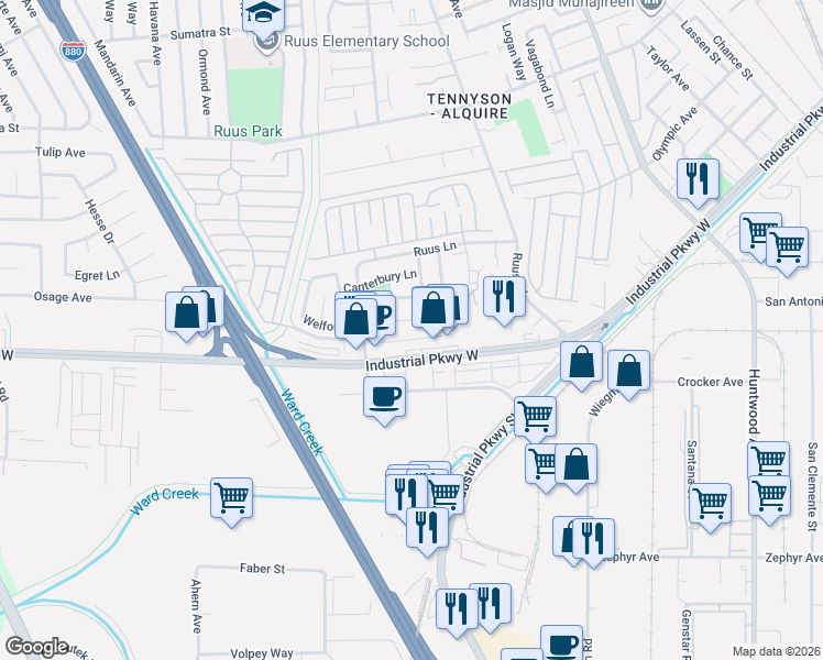 map of restaurants, bars, coffee shops, grocery stores, and more near 1542 Welford Circle in Hayward