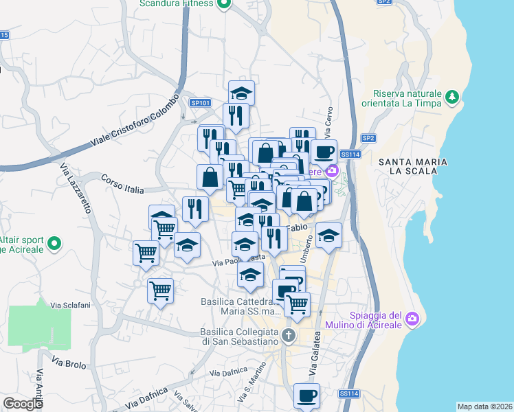 map of restaurants, bars, coffee shops, grocery stores, and more near 14 Via Cap. Francesco Martinez in Acireale