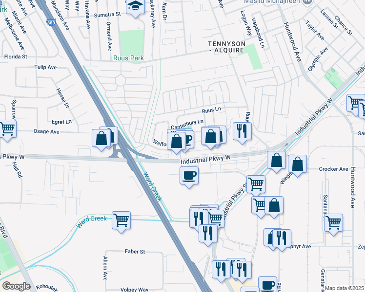 map of restaurants, bars, coffee shops, grocery stores, and more near 1503 Welford Circle in Hayward