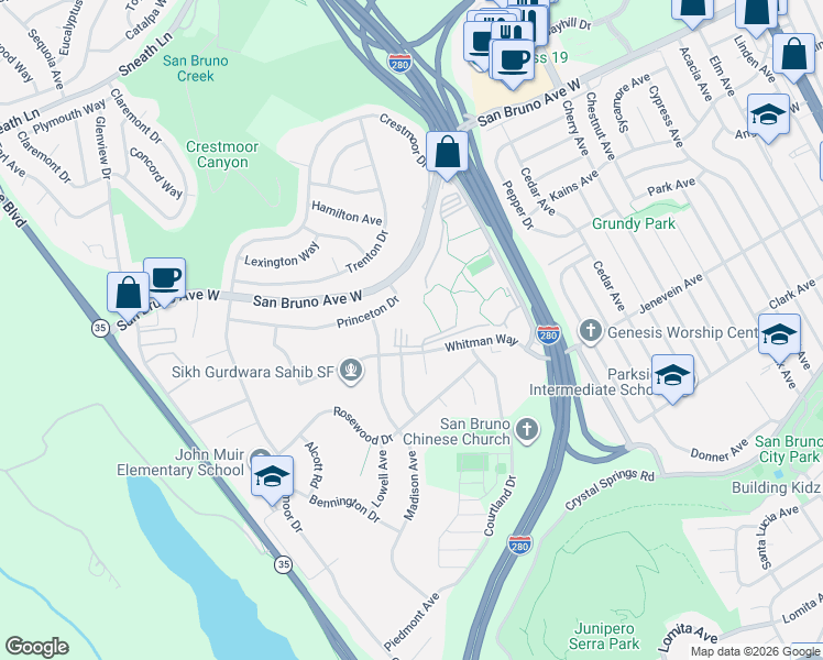 map of restaurants, bars, coffee shops, grocery stores, and more near 7221 Shelter Creek Lane in San Bruno