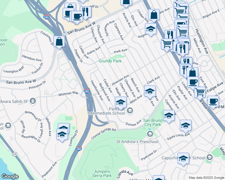 map of restaurants, bars, coffee shops, grocery stores, and more near 484 Cedar Avenue in San Bruno