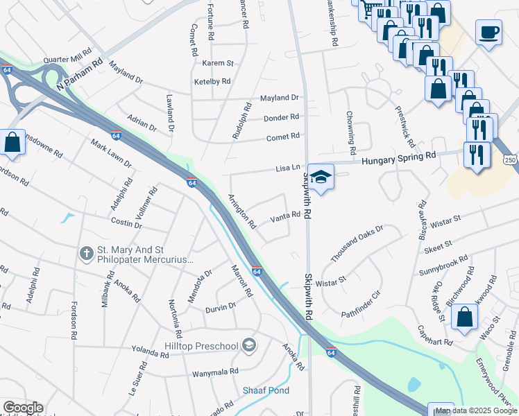 map of restaurants, bars, coffee shops, grocery stores, and more near 7611 Winkler Road in Richmond