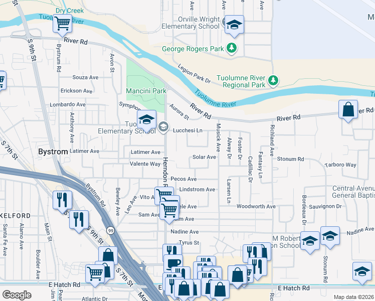 map of restaurants, bars, coffee shops, grocery stores, and more near 1400 Vlach Way in Modesto