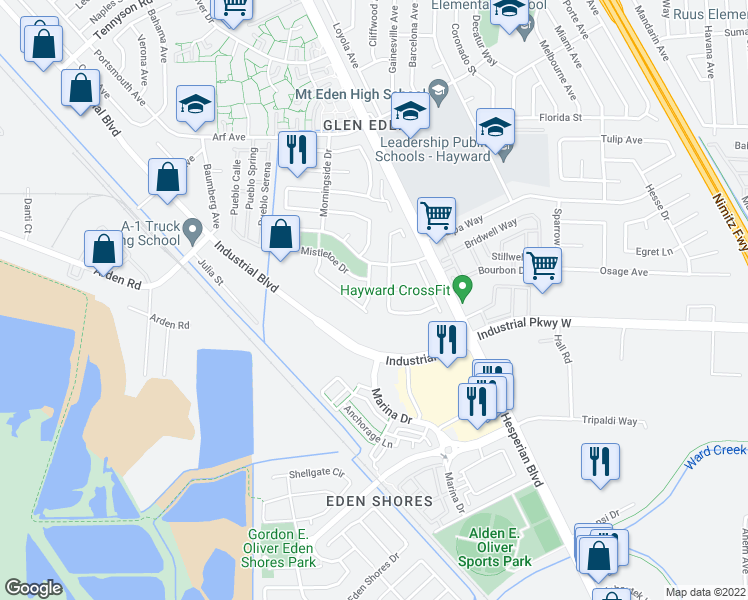 map of restaurants, bars, coffee shops, grocery stores, and more near 28360 Cabrini Drive in Hayward