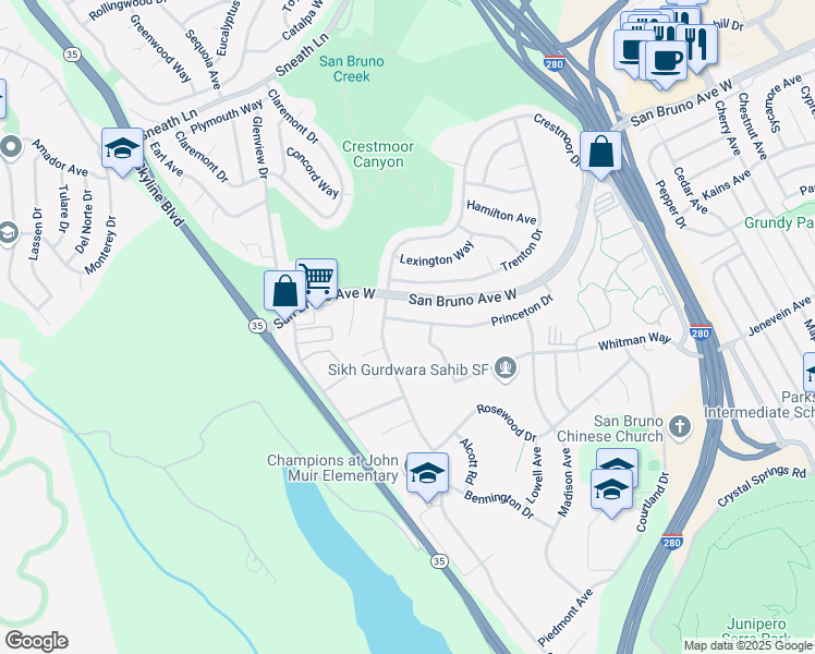 map of restaurants, bars, coffee shops, grocery stores, and more near 2551 Princeton Drive in San Bruno