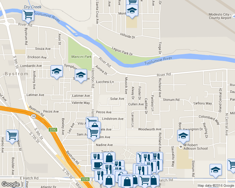 map of restaurants, bars, coffee shops, grocery stores, and more near 1428 Vlach Way in Modesto