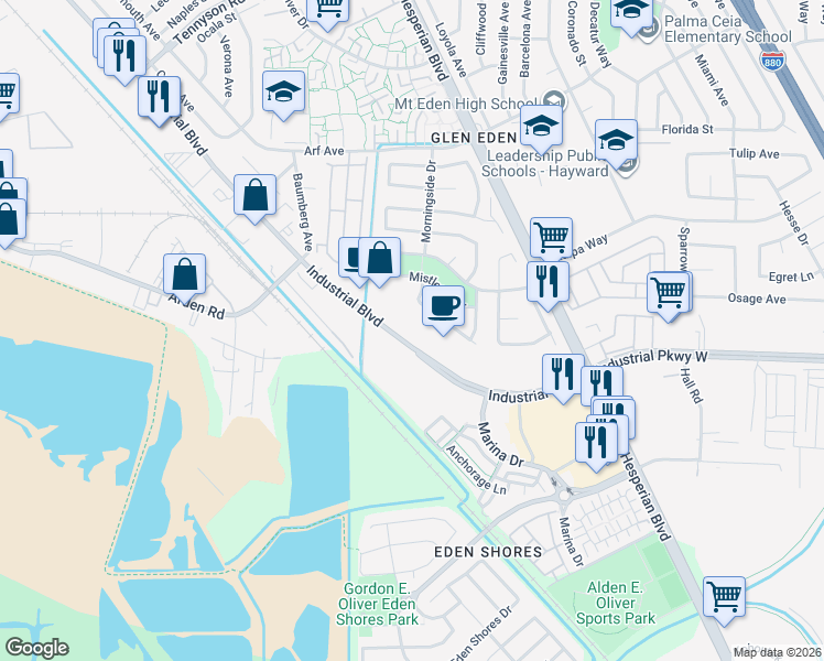 map of restaurants, bars, coffee shops, grocery stores, and more near 28306 Industrial Boulevard in Hayward