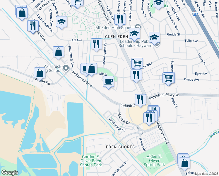 map of restaurants, bars, coffee shops, grocery stores, and more near 2438 Hibiscus Drive in Hayward