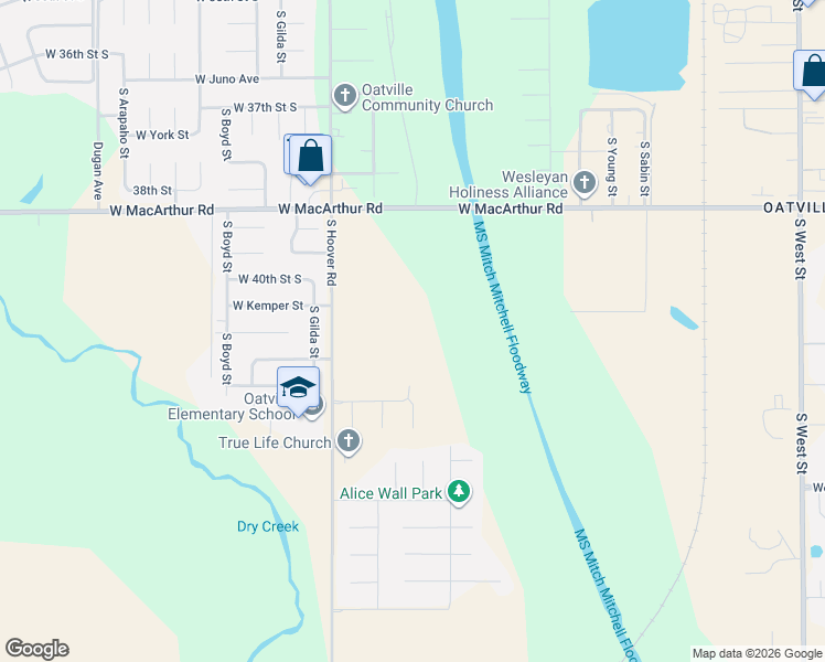 map of restaurants, bars, coffee shops, grocery stores, and more near 5515 West Macarthur Road in Wichita