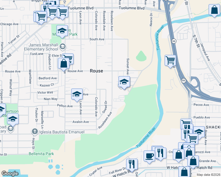 map of restaurants, bars, coffee shops, grocery stores, and more near 812 Roselawn Avenue in Modesto